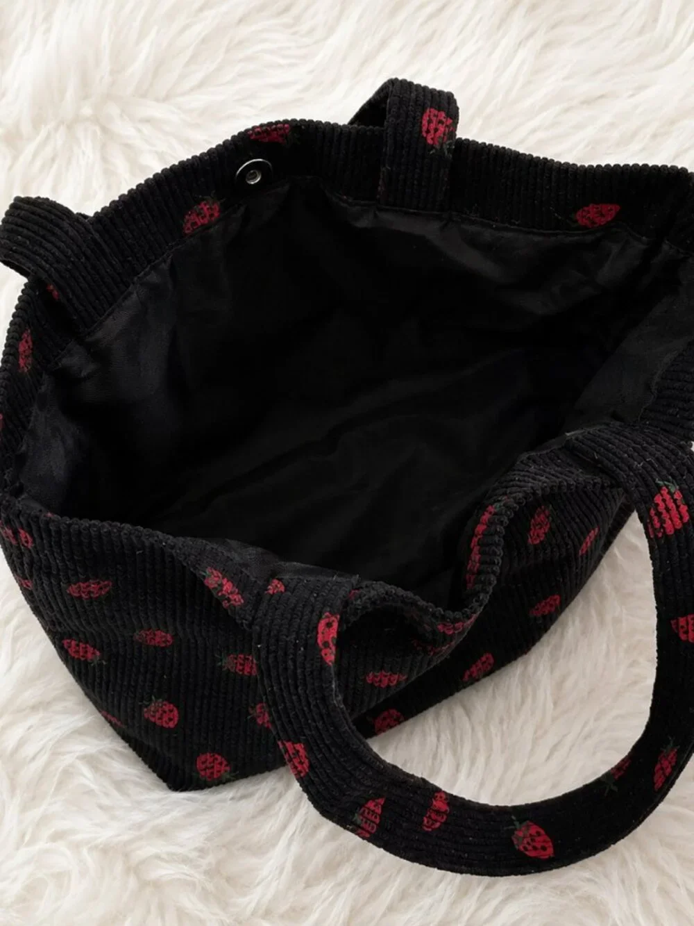 Black Strawberry Mini Corduroy Tote Bag – Cute Small Everyday Handbag